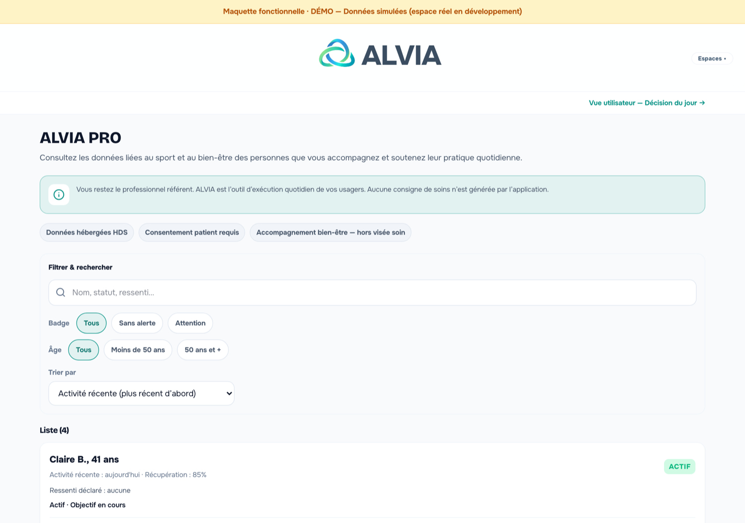 Aperçu du tableau de bord ALVIA Pro