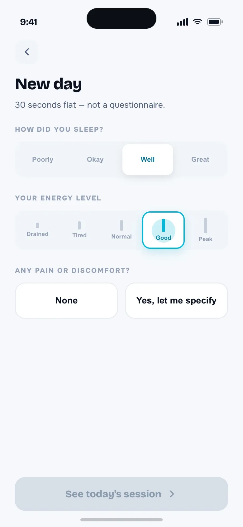 Morning check-in screen, sleep and energy